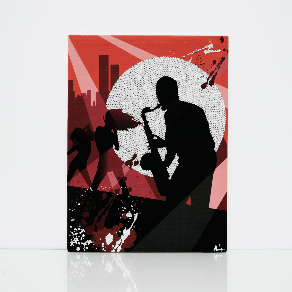 Red, black and white Saxophone mood canvas print with clear crystals on shiny floor
