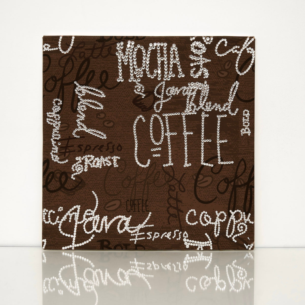 Brown, black and white Coffee signs canvas print with clear crystals on shiny floor