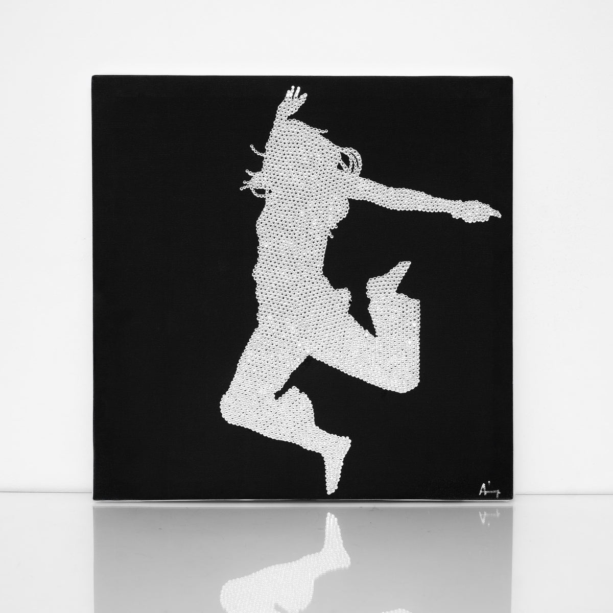 Black and white Dancing girl canvas print with clear crystals on shiny floor