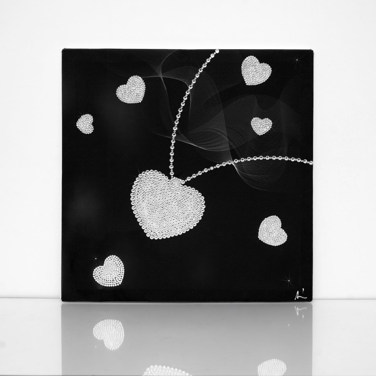 Black and white Heart necklace canvas print with clear crystals on shiny floor