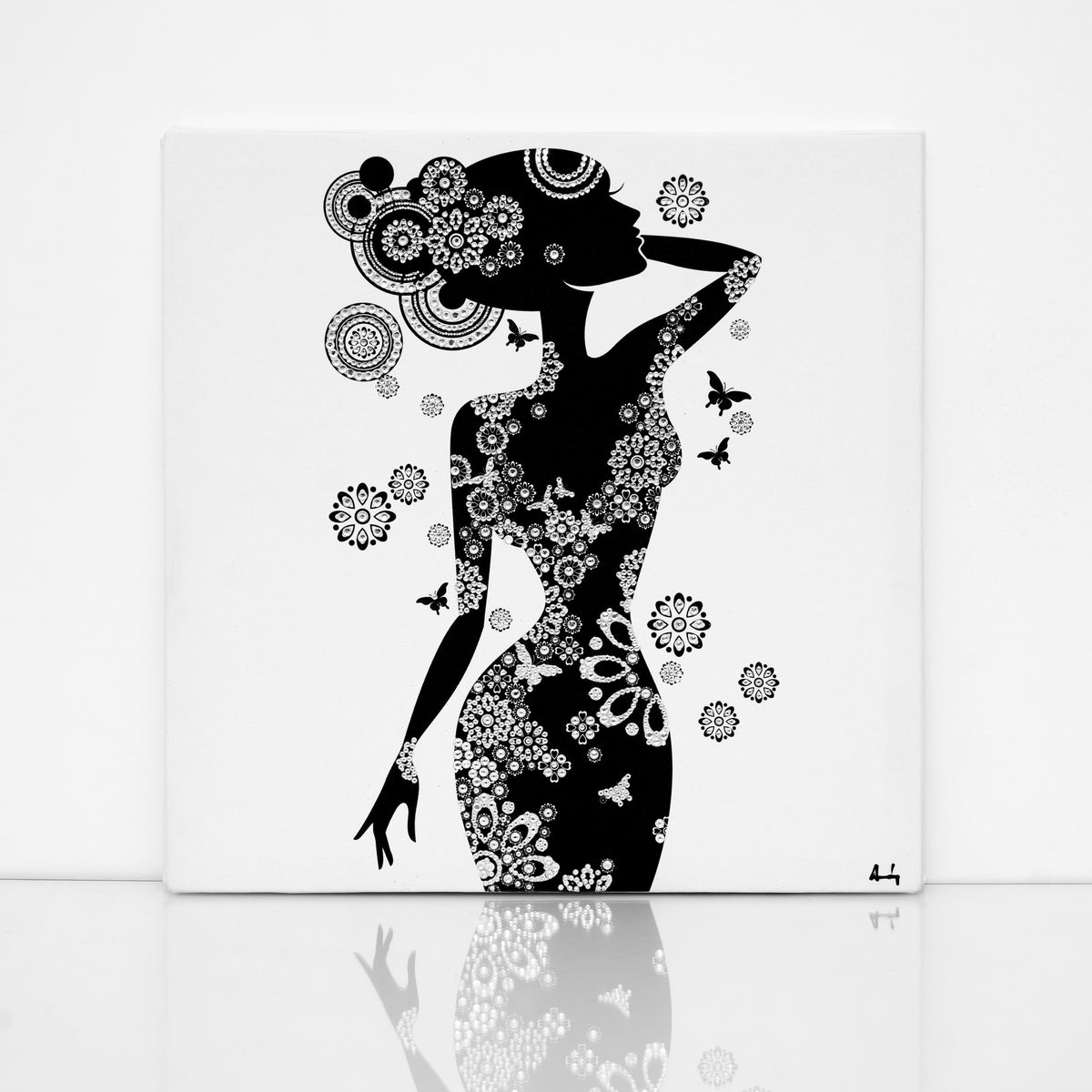 Black and white Pretty girl canvas print with clear crystals on shiny floor