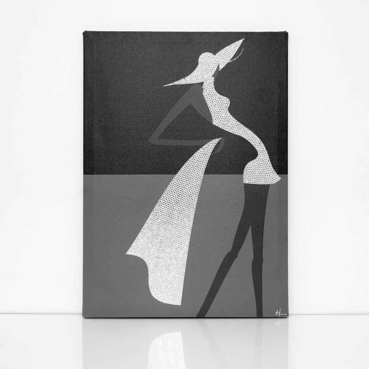 Black and white Stylish Woman canvas print with clear crystals on shiny floor
