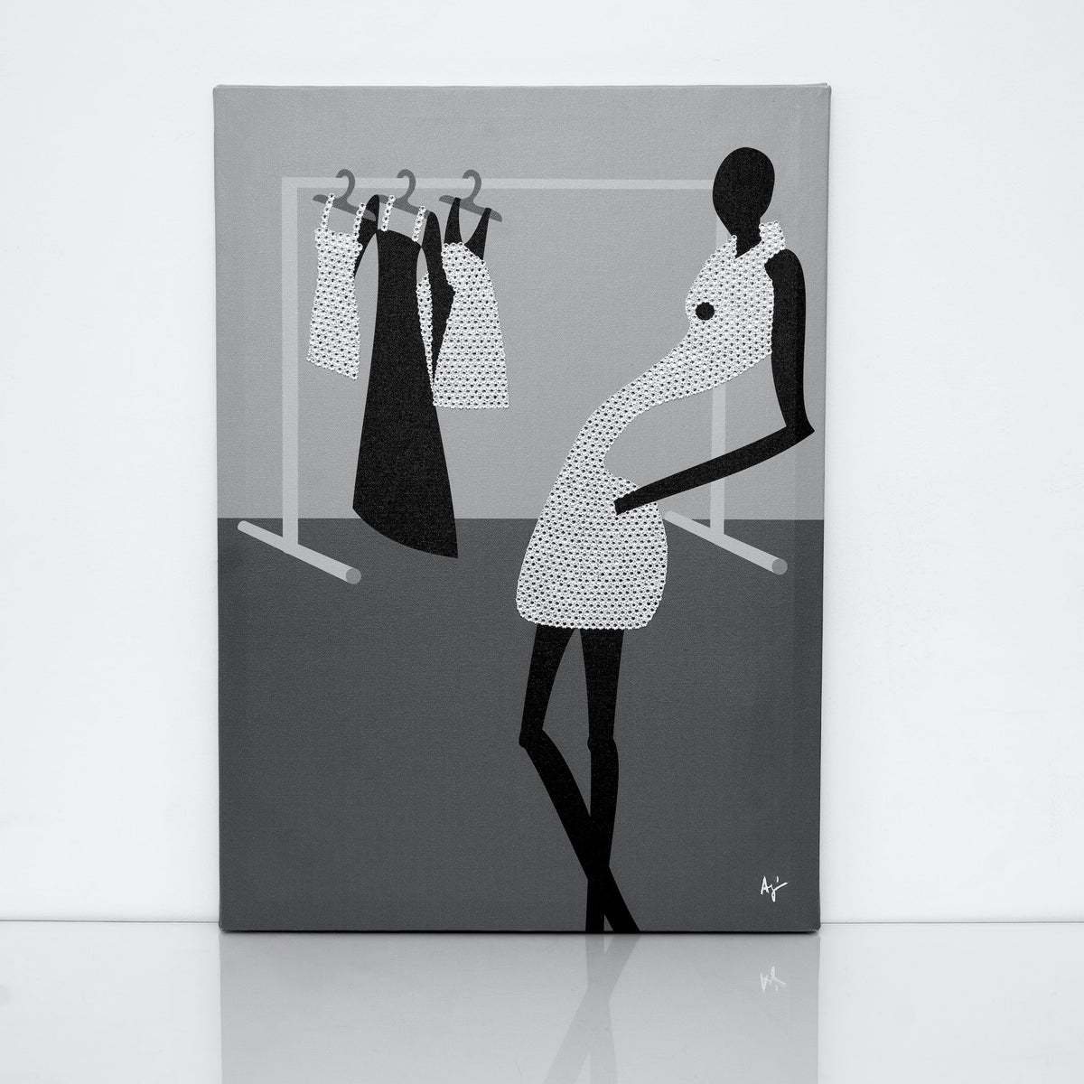 Black and white Wardrobe canvas print with clear crystals on shiny floor