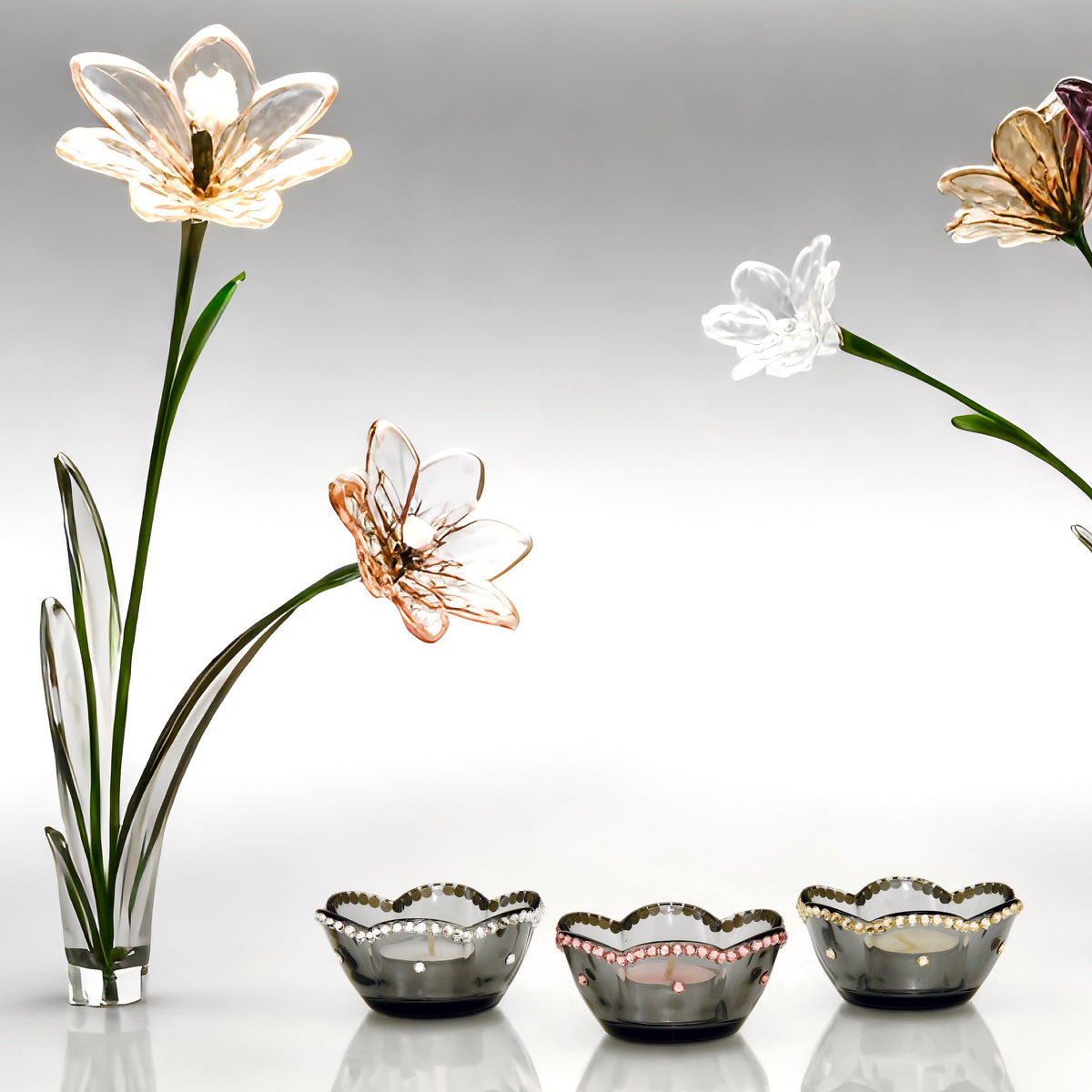 Smoky glass Floral candle holders with clear, pink, gold crystals in glass flowers setting