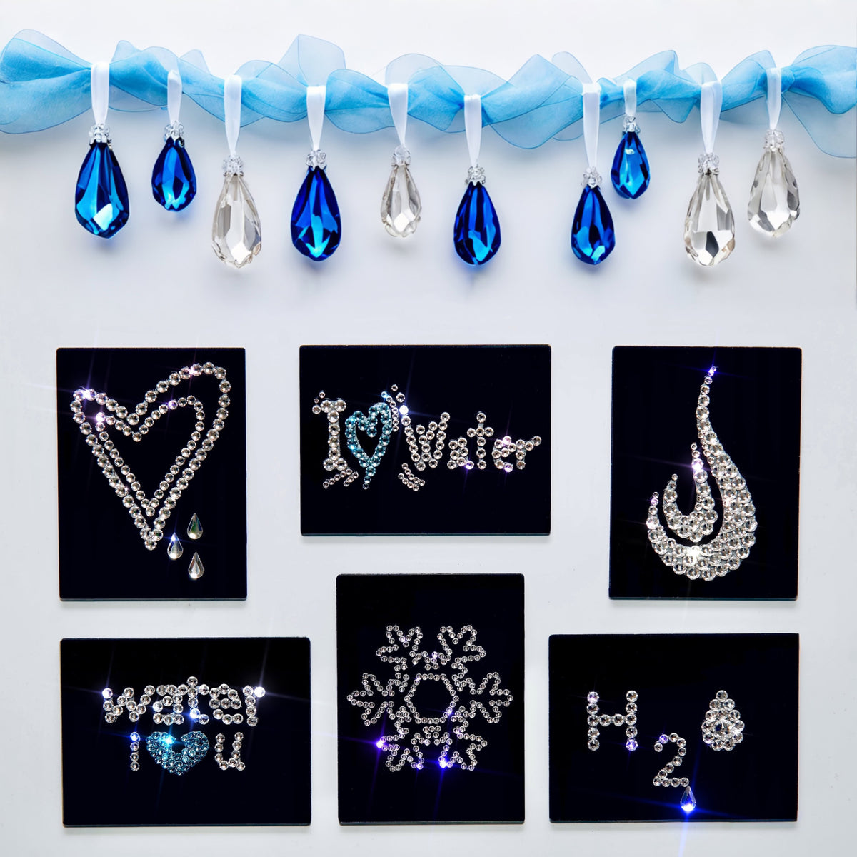 Black Fridge magnets variations with clear and blue crystals in glam setting