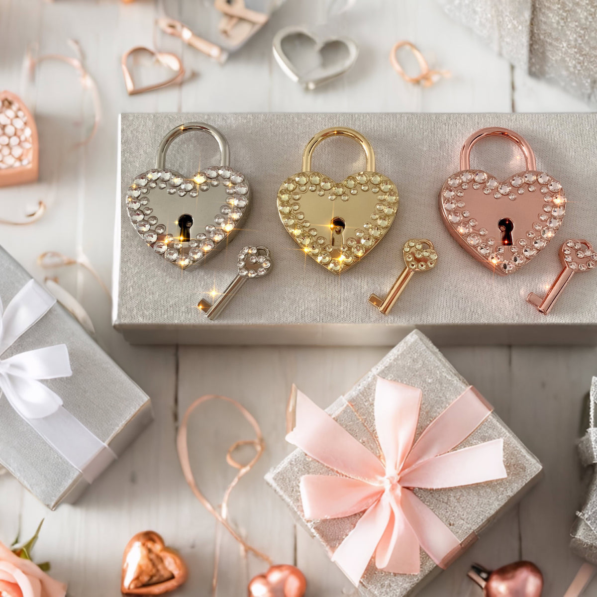 Silver, gold and rose gold Love locks and keys with matching colored crystals in festive gift setting
