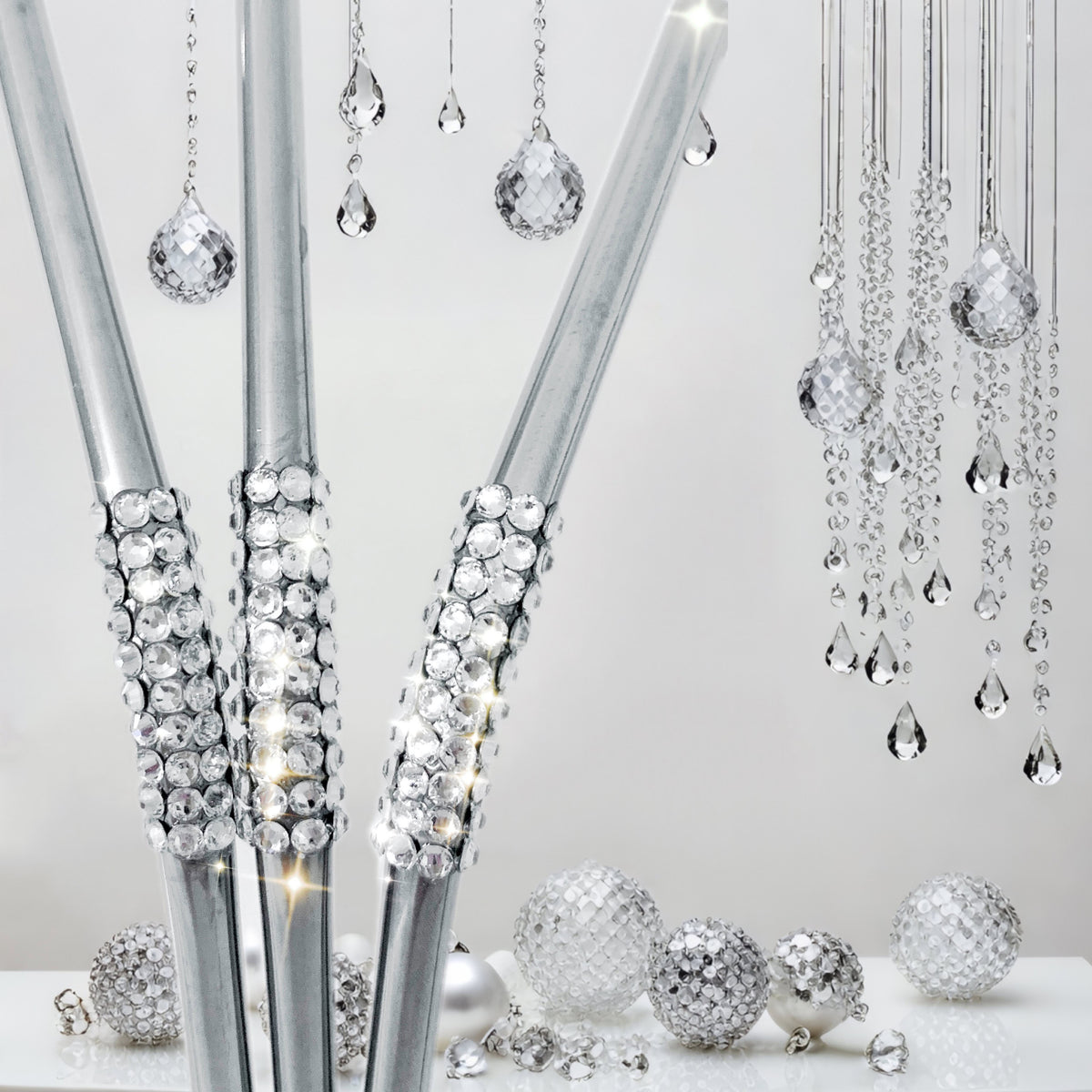 Silver Steel bent straws with clear crystals close-up in jeweled glam setting