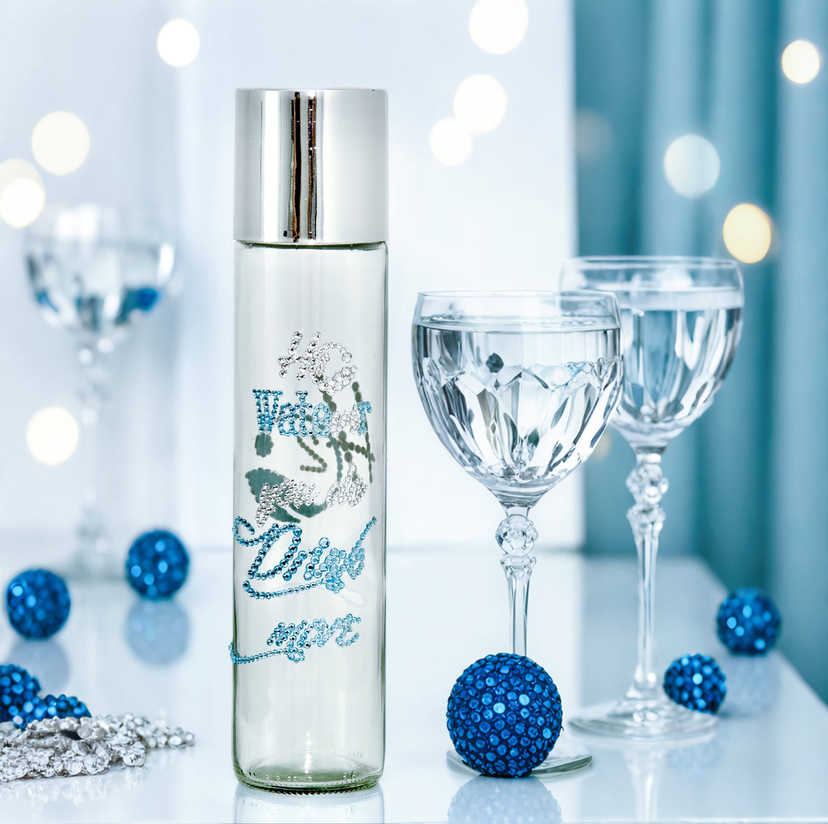 Drink more glass water bottle with clear and blue crystals script and silver cap in blue glam setting